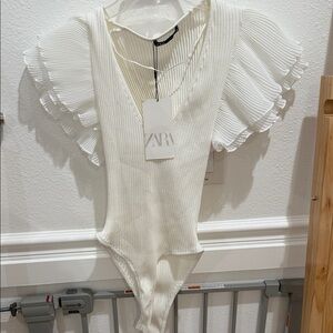 Zara Cream Ribbed Bodysuit with Ruffle Sleeves